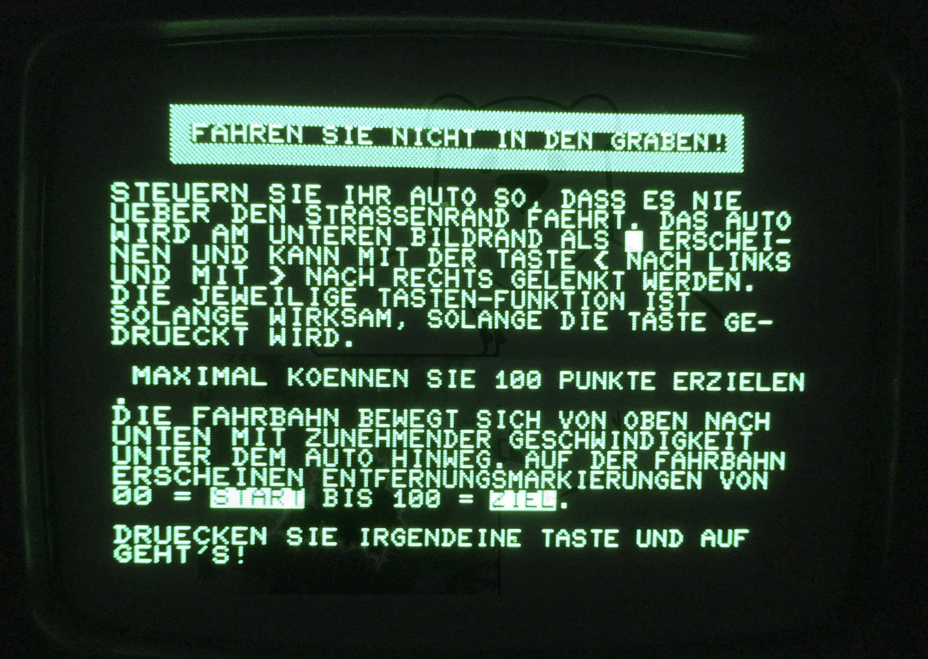 Commodore PET 2001 - Startbildschirm des Rennspiels